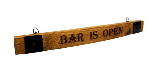 Bar Is Open – 18" Whiskey Barrel Stave Wall Sign with Metal Band Accents