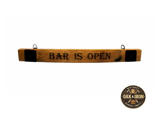 Whiskey Barrel Wall Sign “Bar Is Open” – Rustic Wood Bar Decor for Man Cave or Patio