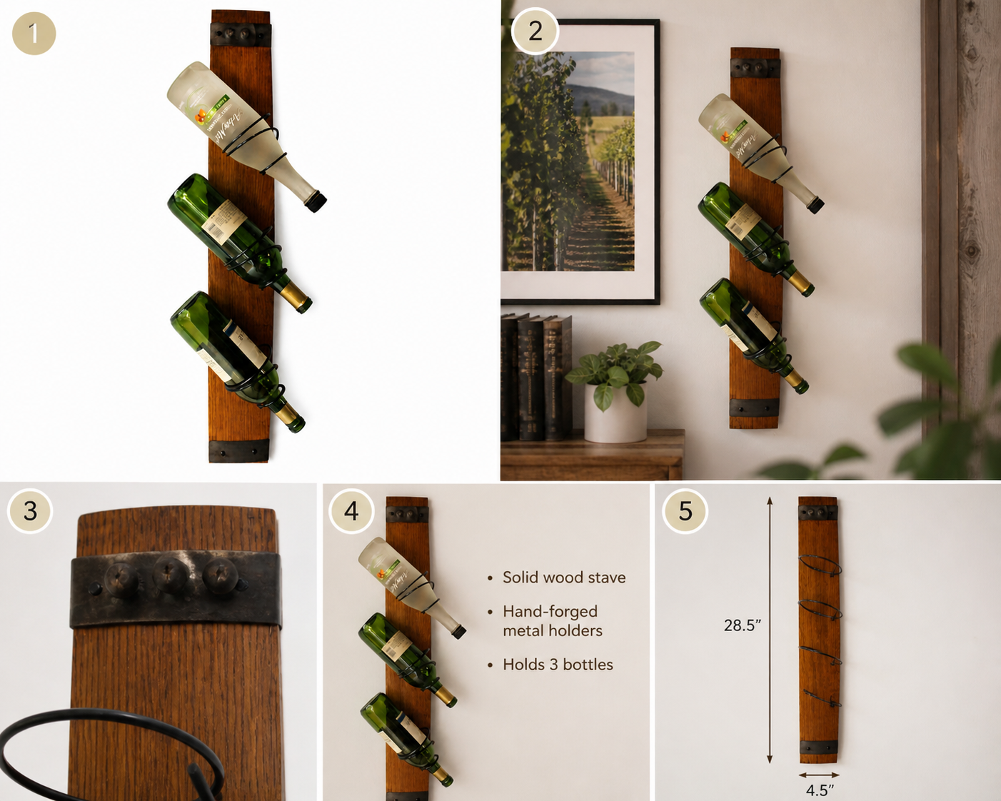 Oak Wine Rack Gift – Whiskey Barrel 3 Bottle Wall Mount (Rustic Gift for Him)