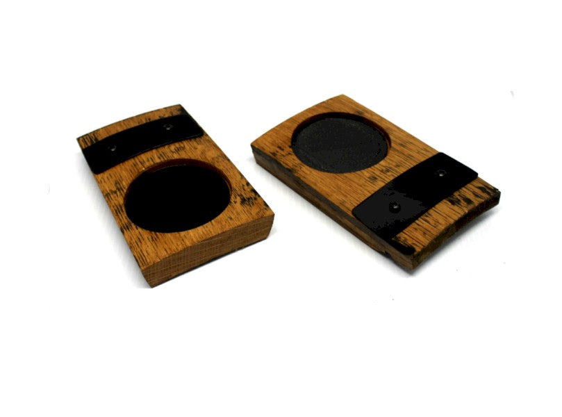 Deluxe Whiskey Barrel Coaster Set (2 Pack) – Oak Gifts for Him with Steel Band Accent