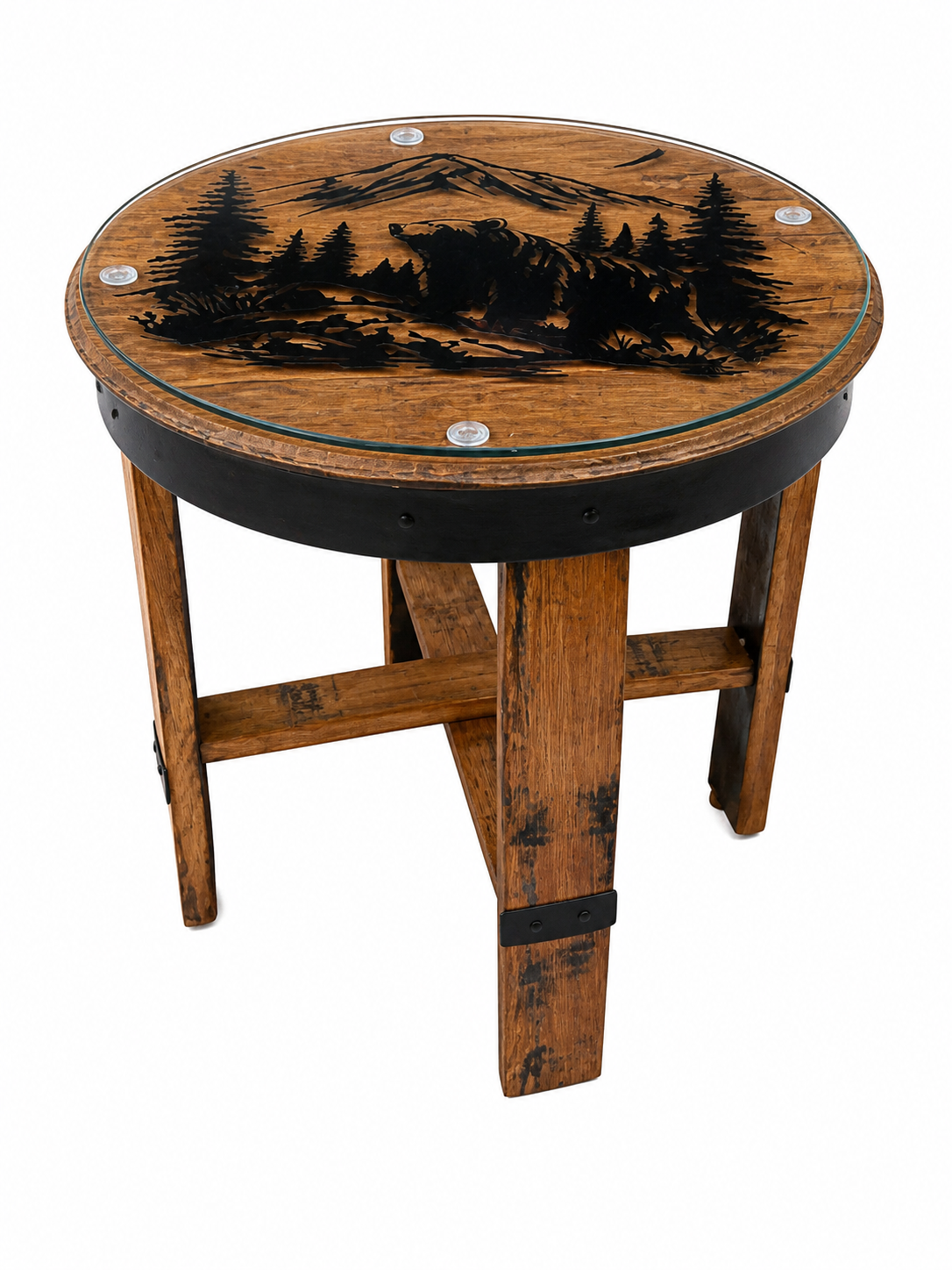 Bear Mountain Whiskey Barrel Side Table – Reclaimed Oak Barrel Lid Table (Rustic Furniture)