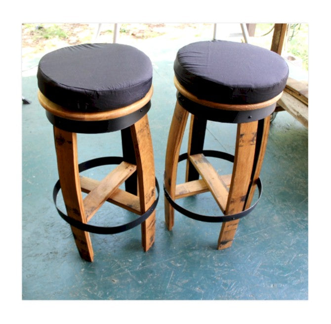 Whiskey Barrel Bar Stool with Cushion – Rustic Oak Stool for Man Cave, Home Bar or Gift for Him