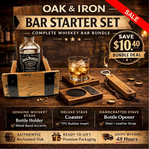 Oak & Iron Bar Starter Set – Whiskey Stave Bottle Holder, Deluxe Coaster & Bottle Opener Bundle