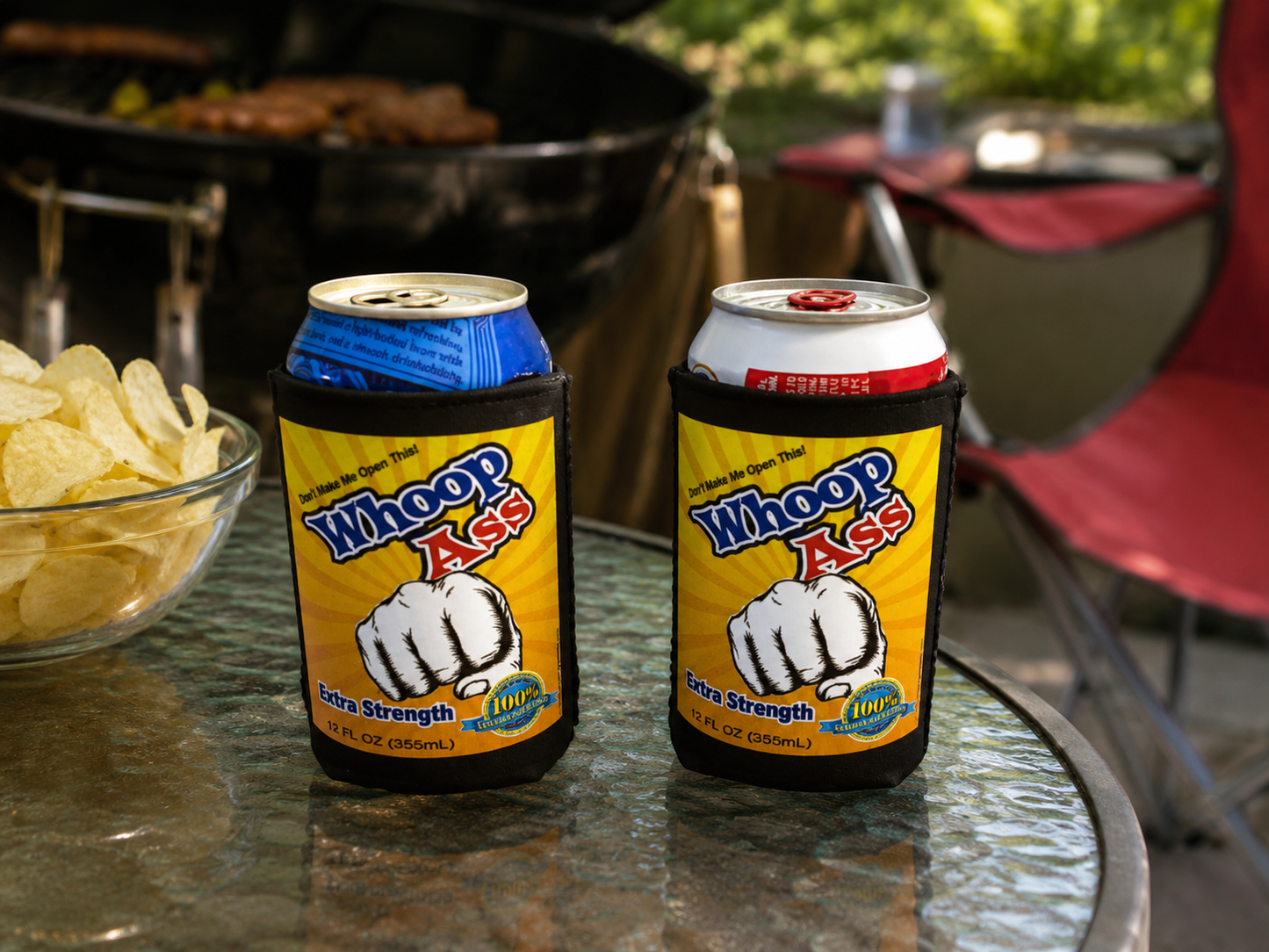 Whoop Ass Can Cooler Set – Funny Neoprene Beer Sleeve | “Don’t Make Me Open This”