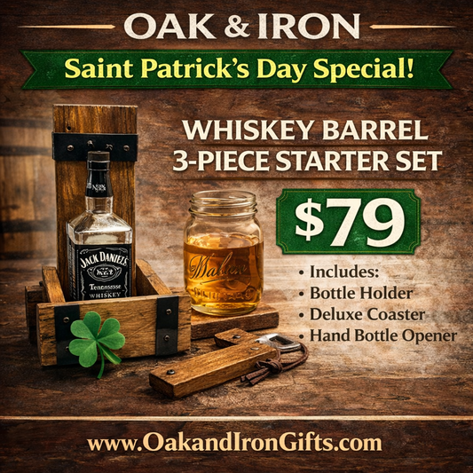 Saint Patrick’s Day Whiskey Barrel Bar Starter Set – 3 Piece Bundle