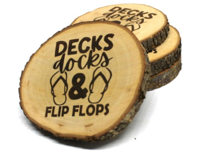 Decks, Docks & Flip Flops” Rustic Wood Lake Coaster