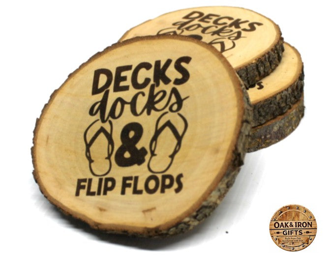 Decks, Docks & Flip Flops” Rustic Wood Lake Coaster