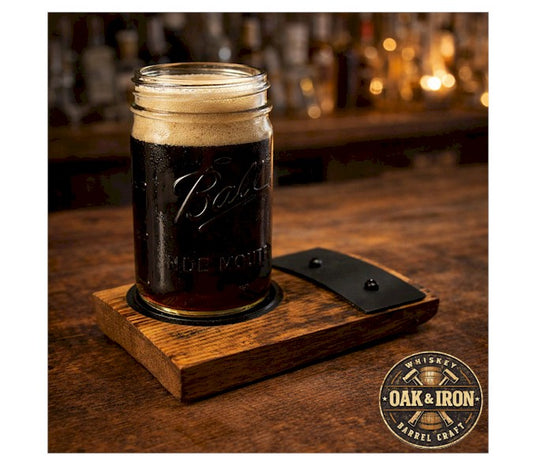 Deluxe Whiskey Barrel Stave Coaster with 16oz Ball® Mason Jar – Rustic Barrel Wood Drink Holder