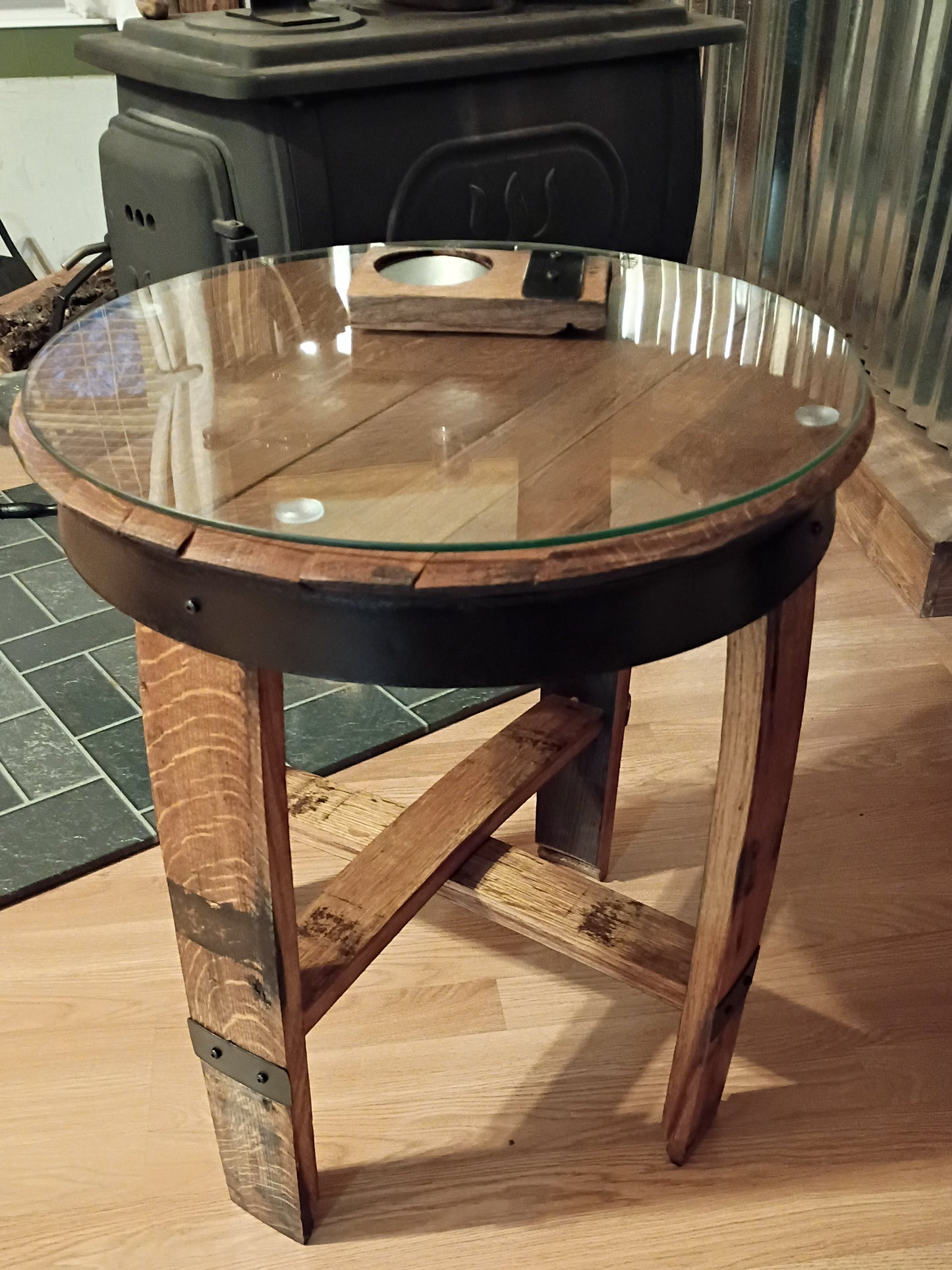 Whiskey Barrel Side Table – Reclaimed Oak Barrel Lid End Table (Rustic Furniture)