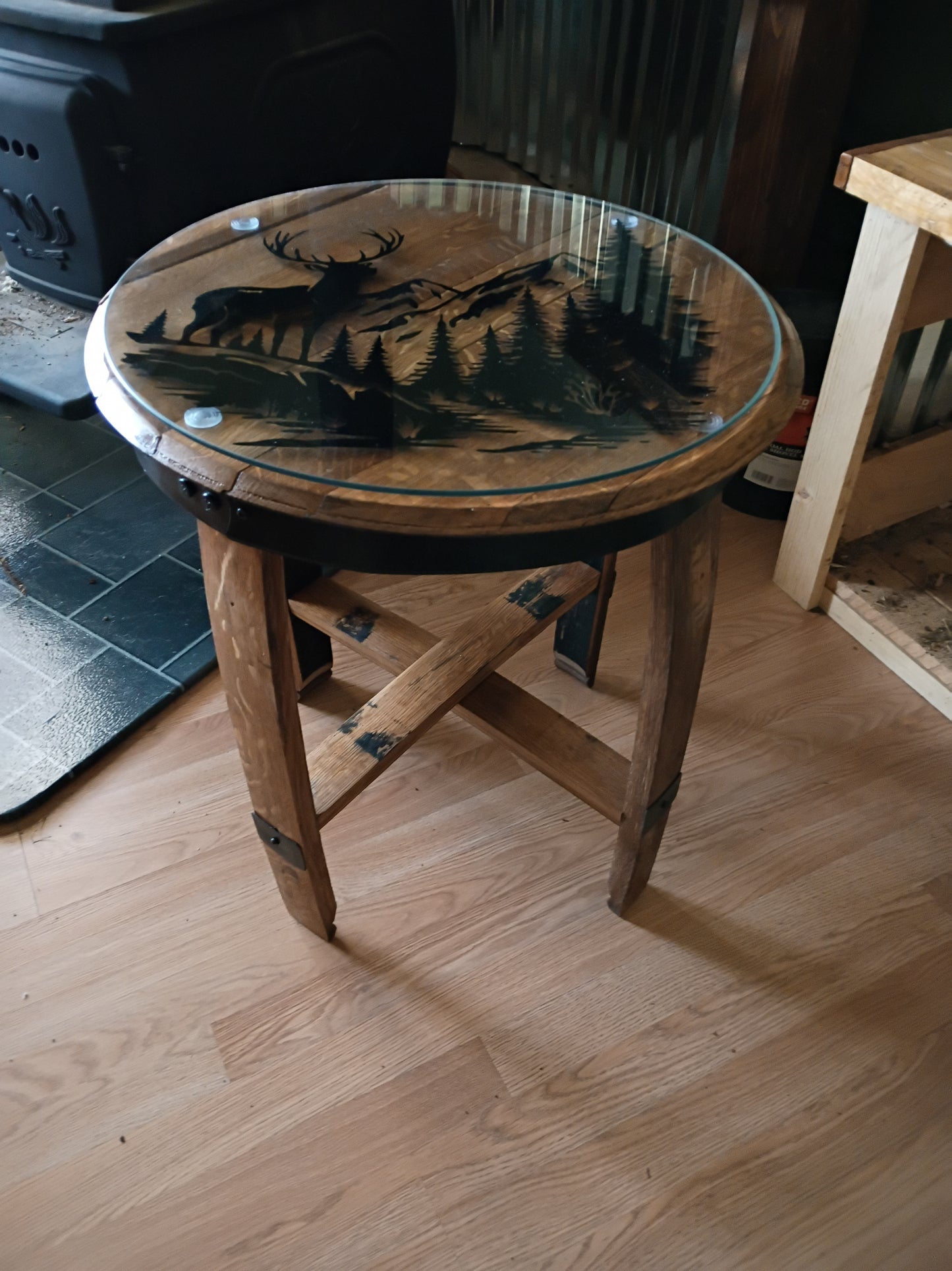 Elk Mountain Whiskey Barrel End Table with Glass Top
