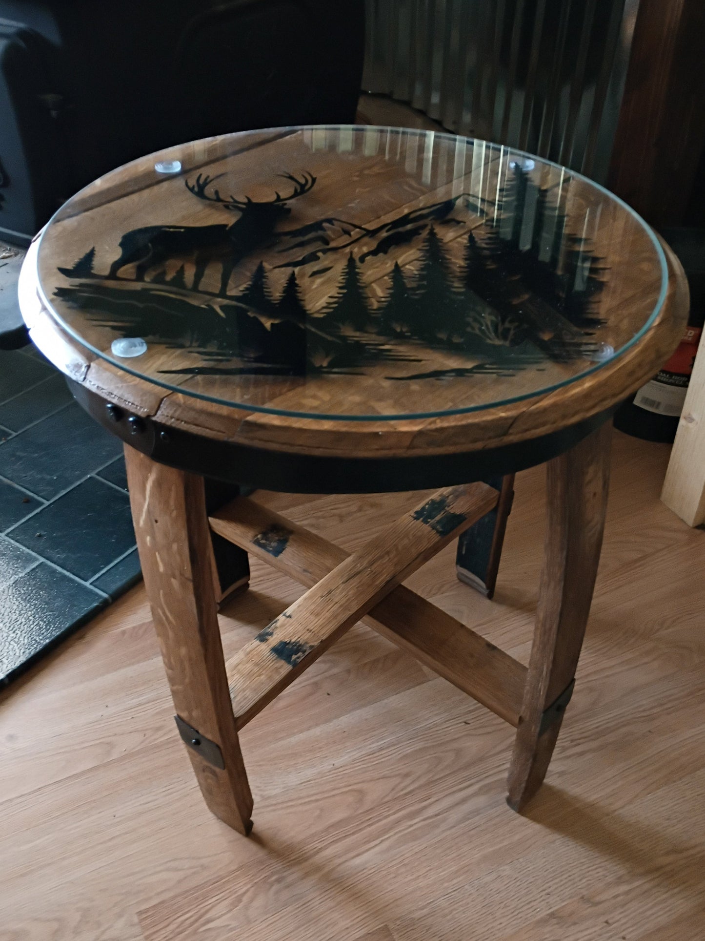 Elk Mountain Whiskey Barrel End Table with Glass Top