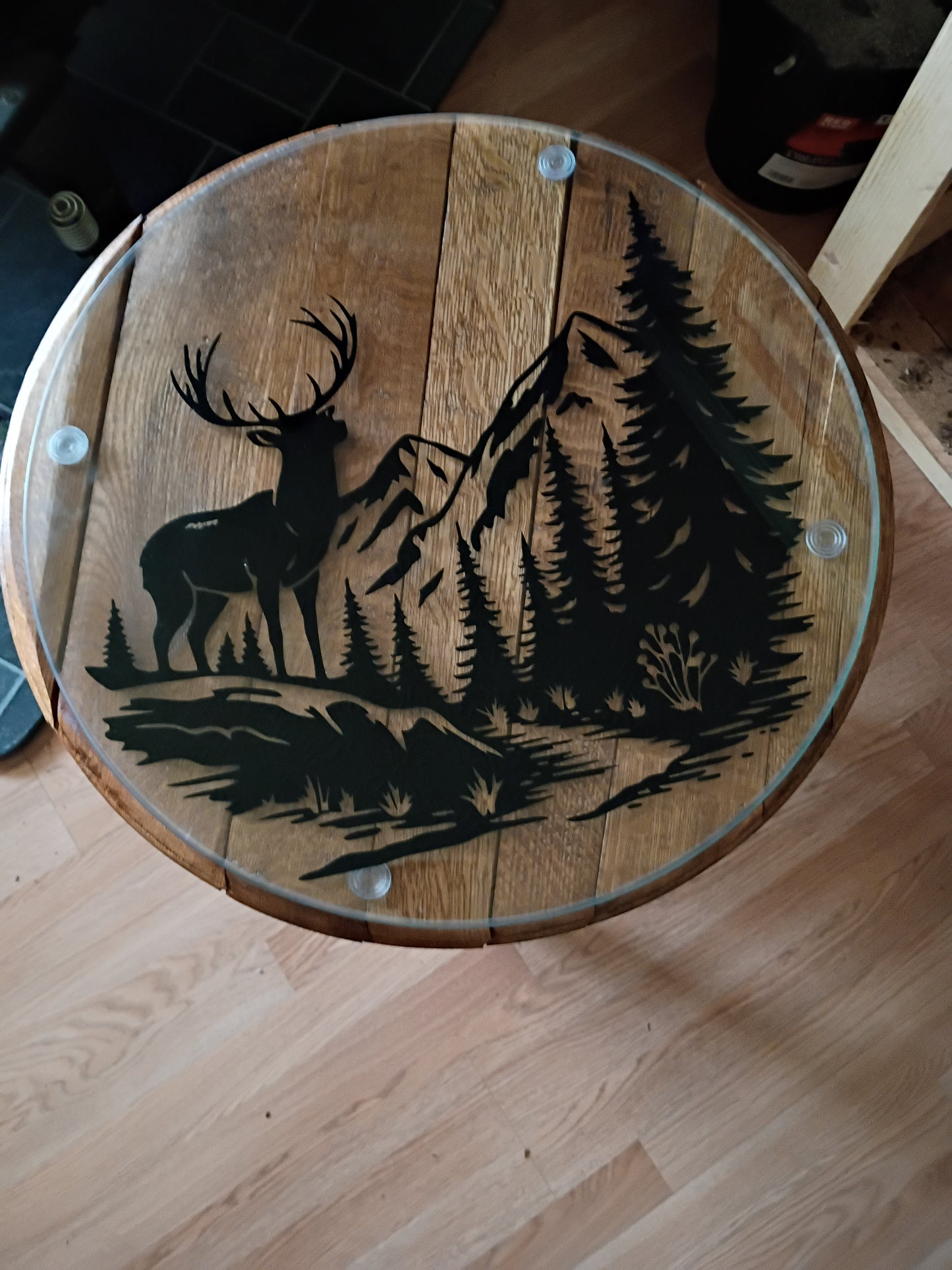 Elk Mountain Whiskey Barrel End Table with Glass Top