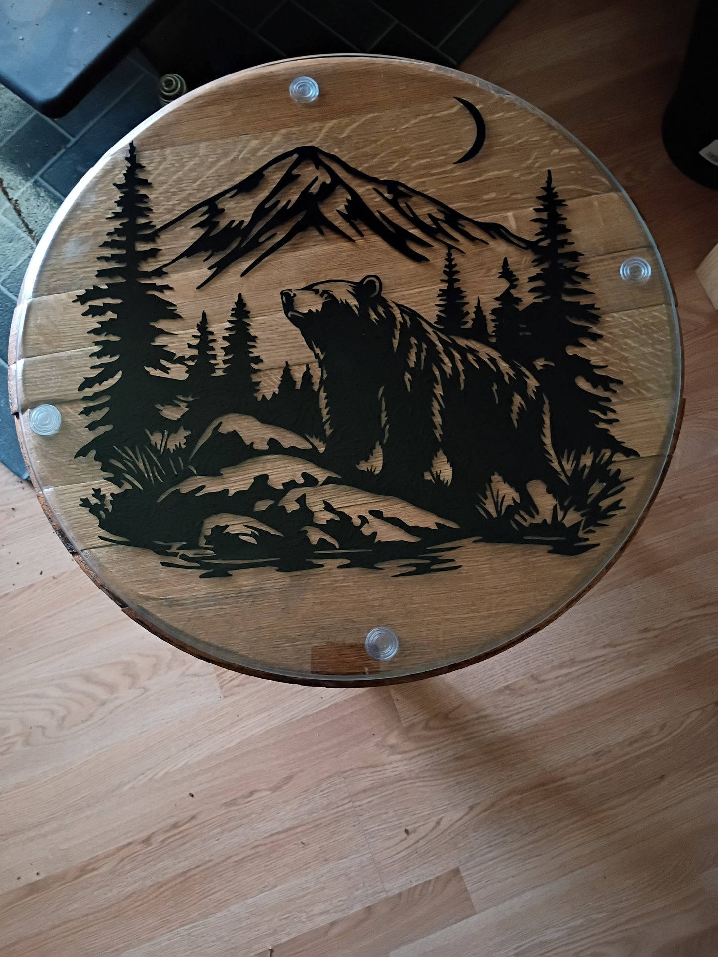 Bear Mountain Whiskey Barrel Side Table – Reclaimed Oak Barrel Lid Table (Rustic Furniture)