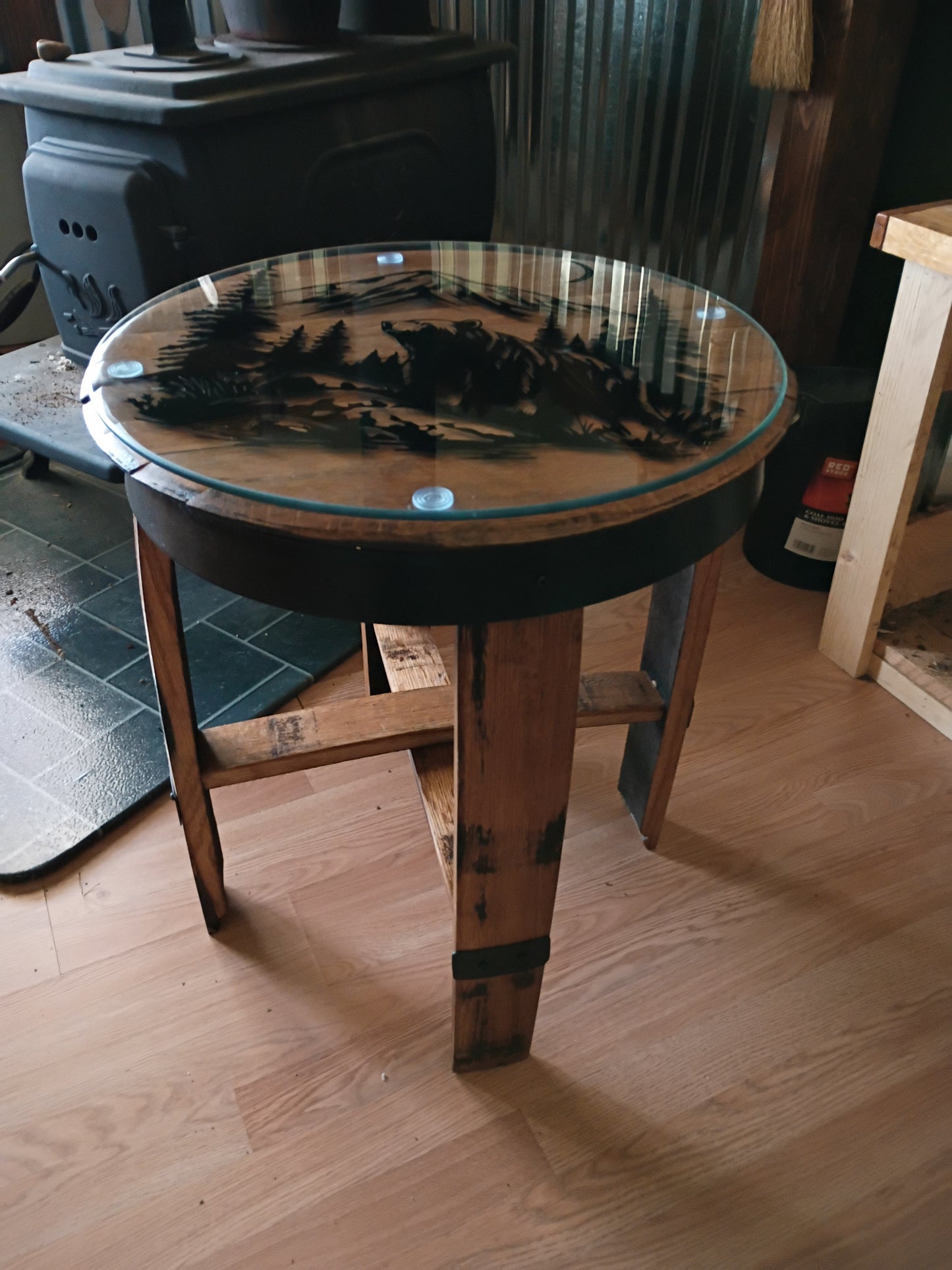 Bear Mountain Whiskey Barrel Side Table – Reclaimed Oak Barrel Lid Table (Rustic Furniture)