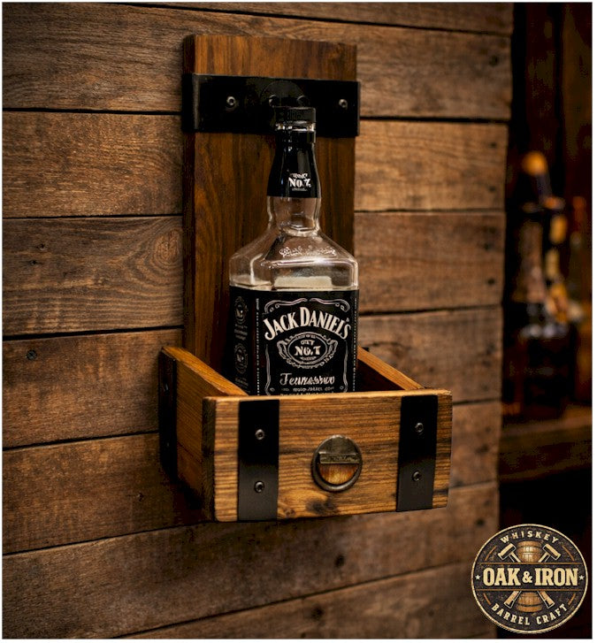 Whiskey Barrel Stave Bottle Holder – Bung Hole Edition – Rustic Wall Mount Liquor Display