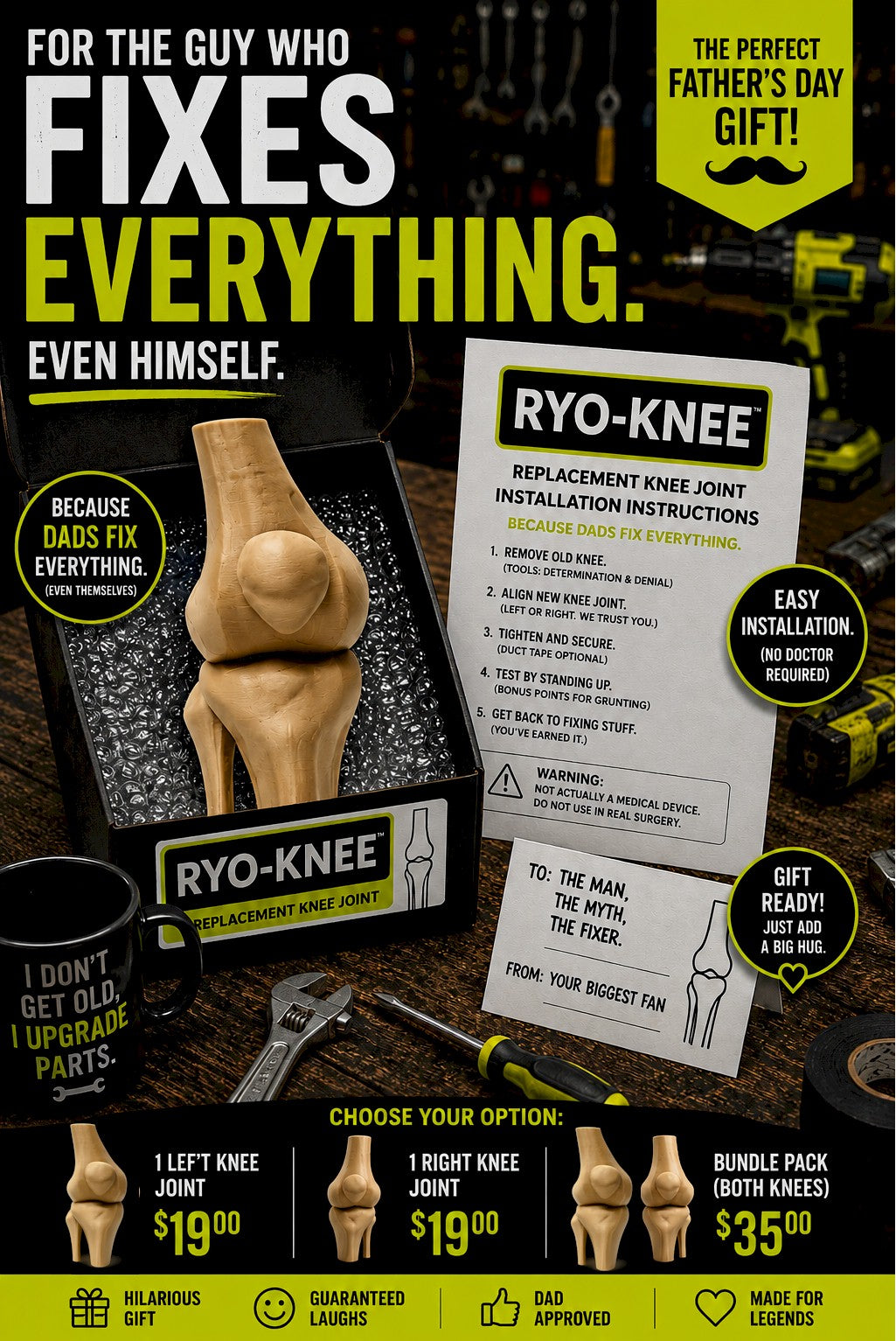 Funny Knee Joint Gift for Dad – Novelty DIY Handyman Gag Gift, RYO-KNEE