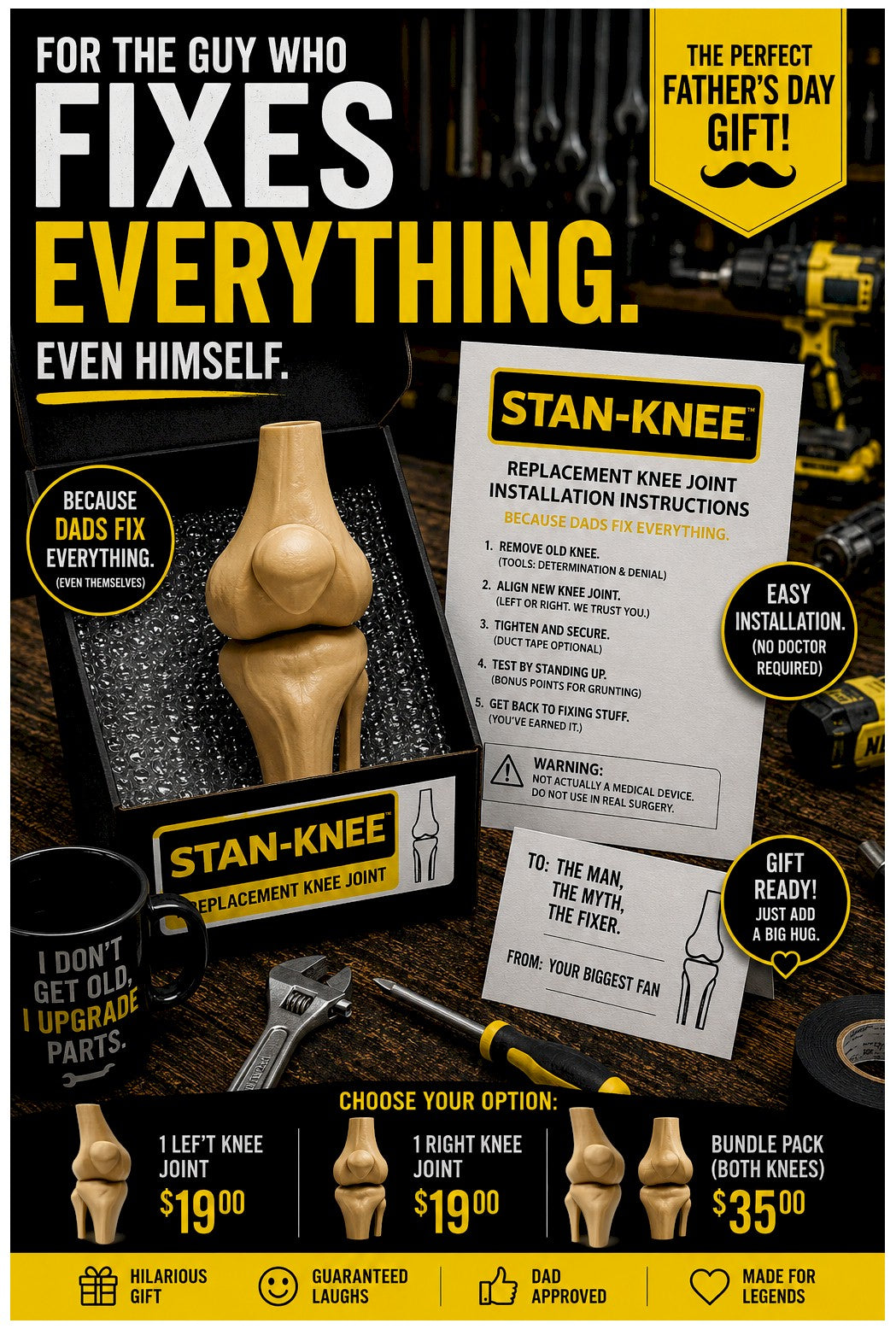 Funny Father’s Day Gift for DIY Dads & Hardworking Husbands - STAN-KNEE™ Replacement Knee Joint  Kit