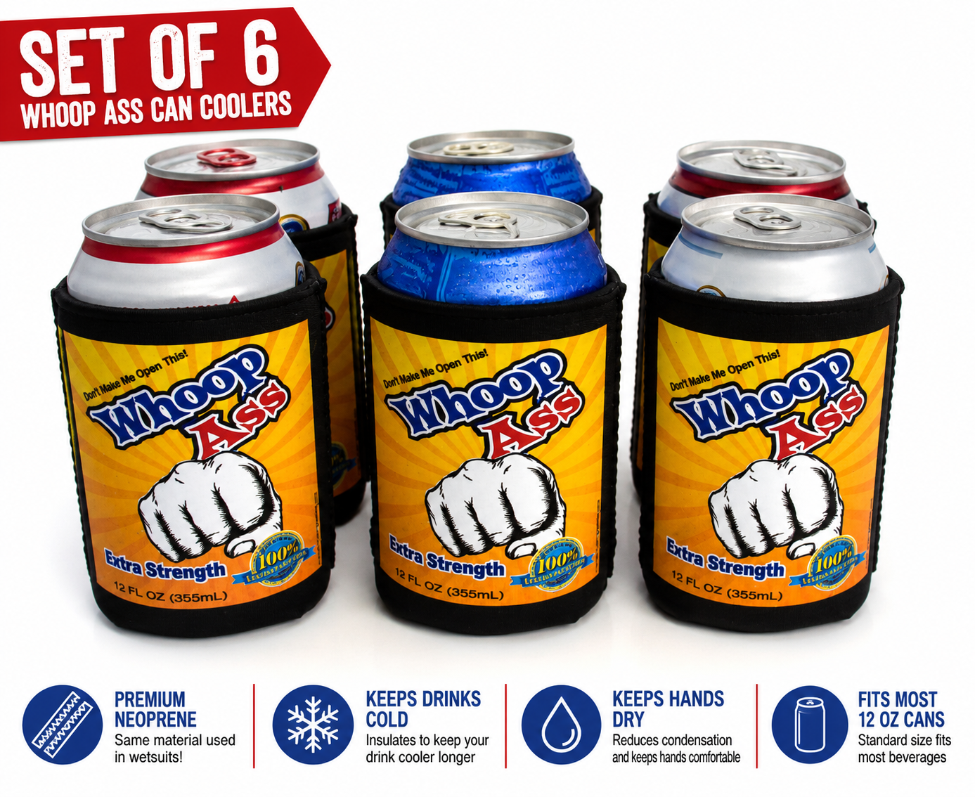 Whoop Ass Can Cooler Set – Funny Neoprene Beer Sleeve | “Don’t Make Me Open This”