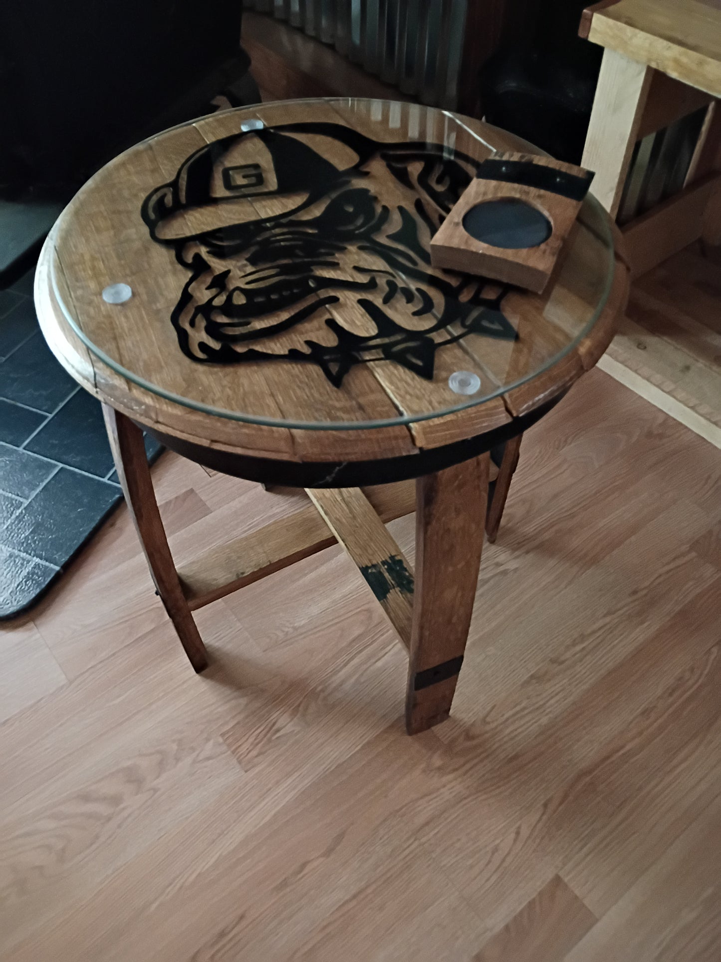 Oak Barrel End Table – Georgia Bulldog Silhouette | Whiskey Barrel Furniture Gift