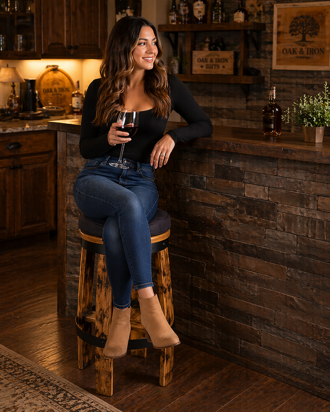 Whiskey Barrel Bar Stool with Cushion – Rustic Oak Stool for Man Cave, Home Bar or Gift for Him
