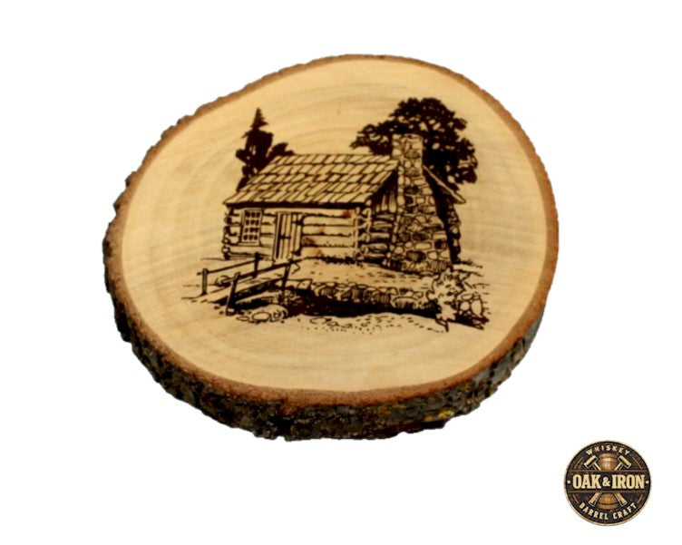 Rustic Cabin Wood Slice Coaster – Engraved Natural Log Drink Coaster