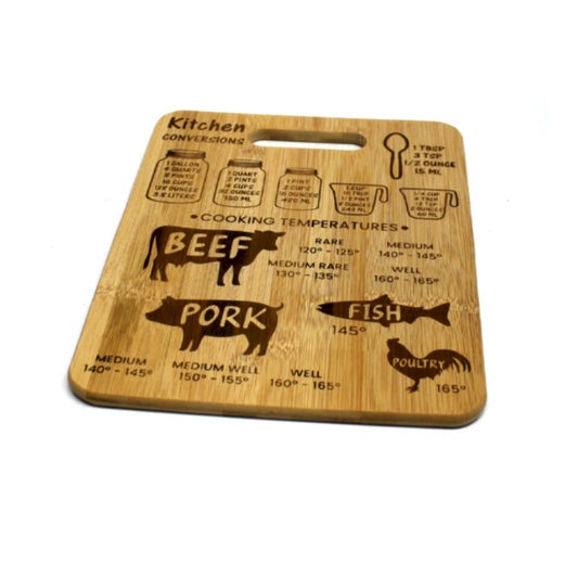 Kitchen Conversions & Cooking Temperature Bamboo Cutting Board – Engraved Measurement & Meat Temp Guide (3 Sizes)