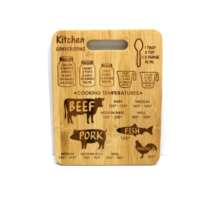 Kitchen Conversions & Cooking Temperature Bamboo Cutting Board – Engraved Measurement & Meat Temp Guide (3 Sizes)