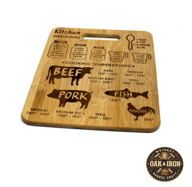 Kitchen Conversions & Cooking Temperature Bamboo Cutting Board – Engraved Measurement & Meat Temp Guide (3 Sizes)