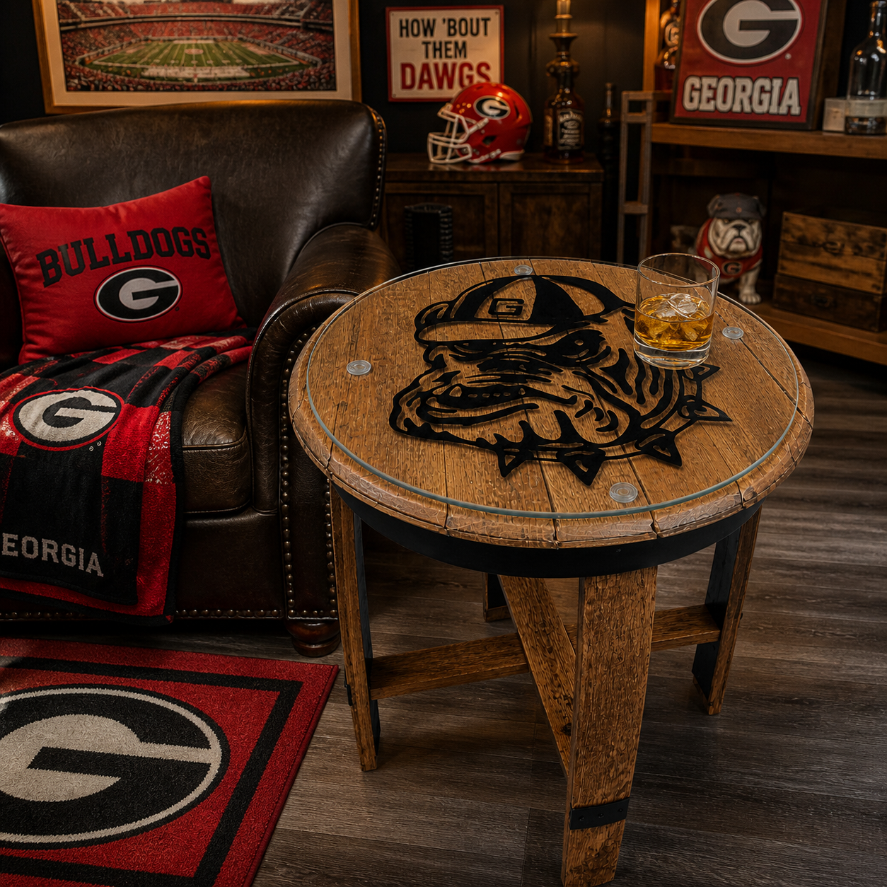 Oak Barrel End Table – Georgia Bulldog Silhouette | Whiskey Barrel Furniture Gift