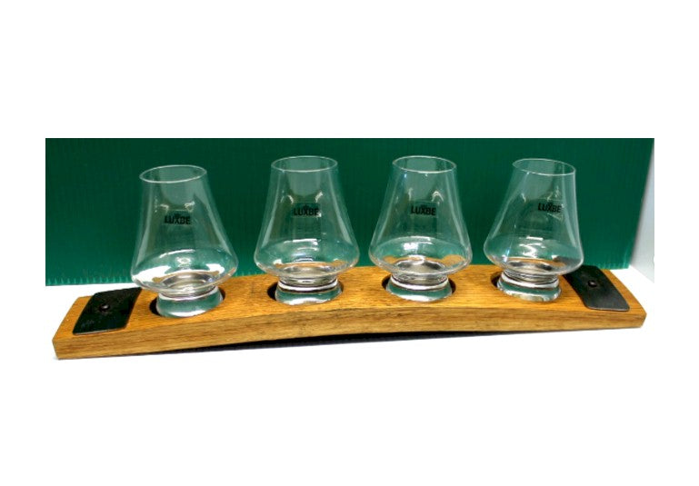 Oak Whiskey Flight Tray with 4 Crystal Tasting Glasses – Rustic Oak & Metal Bourbon Flight Board – Bar Gift Set