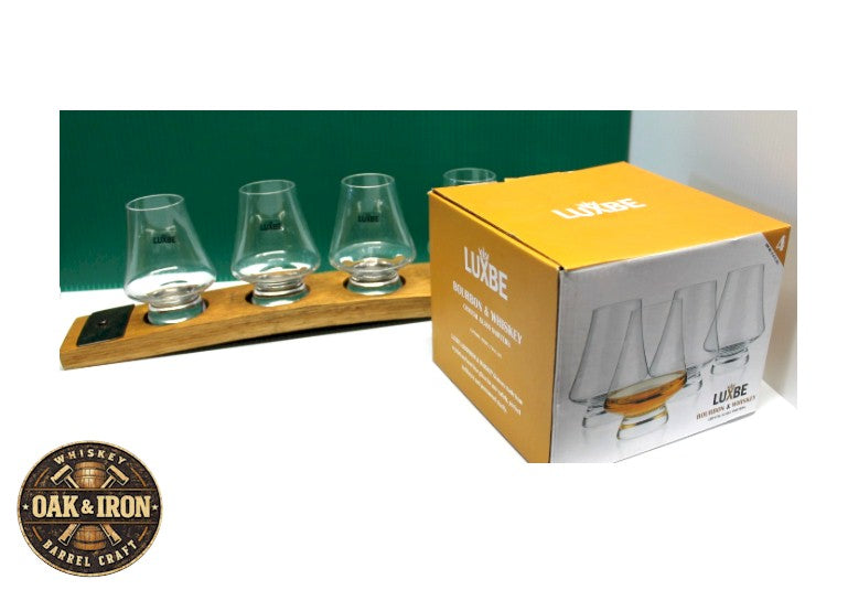 Oak Whiskey Flight Tray with 4 Crystal Tasting Glasses – Rustic Oak & Metal Bourbon Flight Board – Bar Gift Set