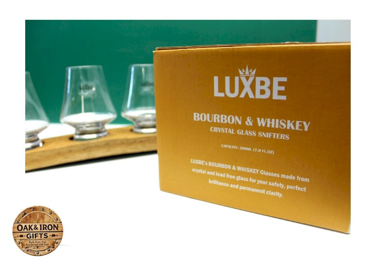 Oak Whiskey Flight Tray with 4 Crystal Tasting Glasses – Rustic Oak & Metal Bourbon Flight Board – Bar Gift Set