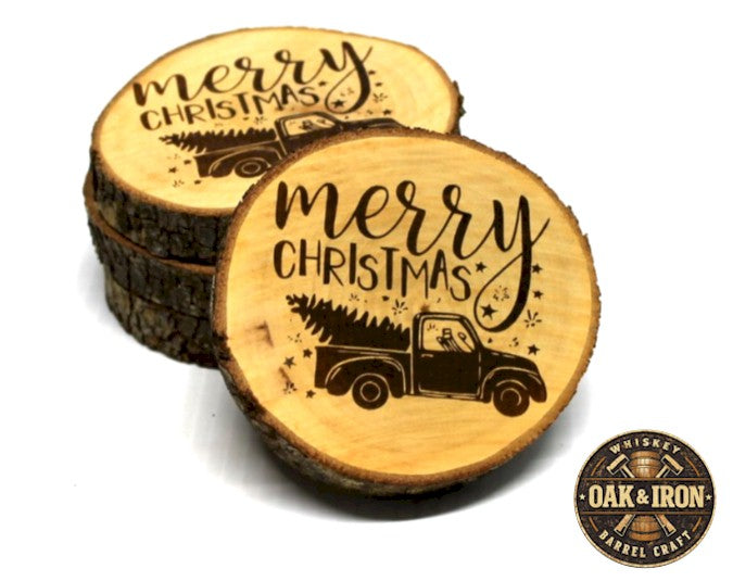 “Merry Christmas” Rustic Wood Slice Coaster – Laser Engraved Holiday Truck Wood Coaster – Cabin & Christmas Table Decor