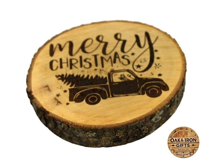 “Merry Christmas” Rustic Wood Slice Coaster – Laser Engraved Holiday Truck Wood Coaster – Cabin & Christmas Table Decor