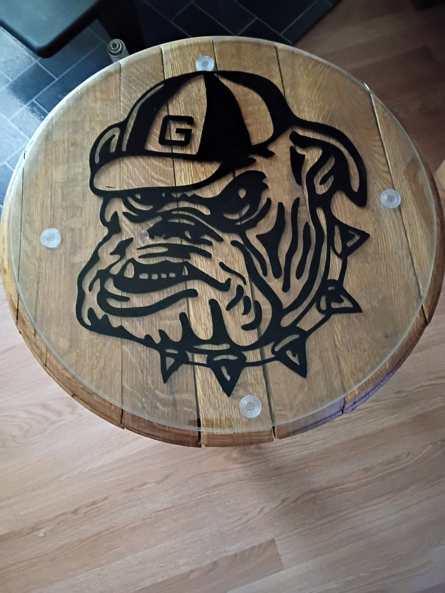 Oak Barrel End Table – Georgia Bulldog Silhouette | Whiskey Barrel Furniture Gift