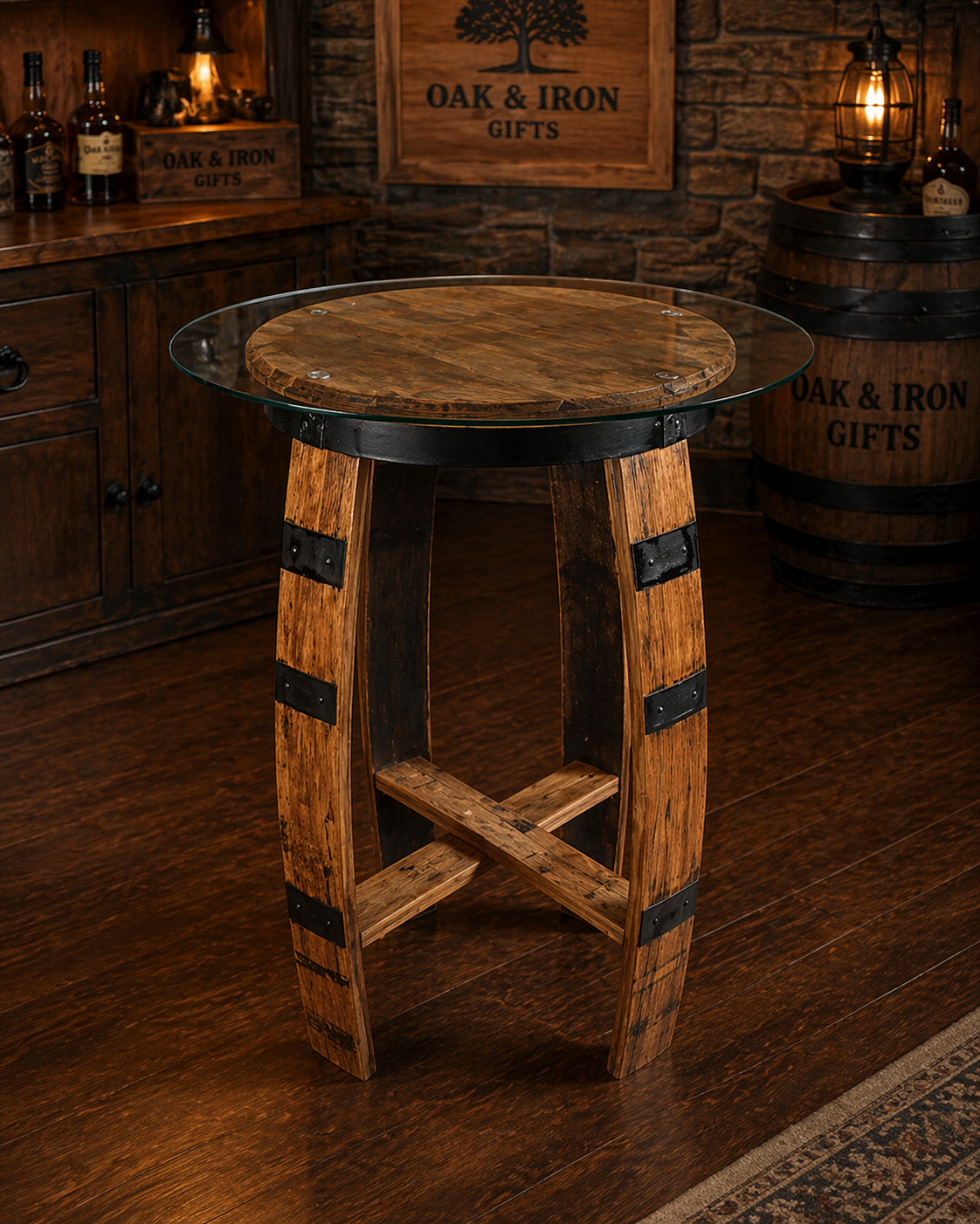 Handmade whiskey barrel bistro table with tempered glass top