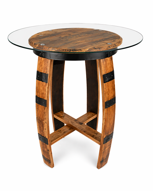 Whiskey Barrel Bistro Table with Glass Top – Rustic Pub Table for Man Cave, Bar or Small Spaces