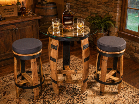 Whiskey Barrel Bistro Table Set – Premium Man Cave Gift for Bourbon Lovers & Home Bars