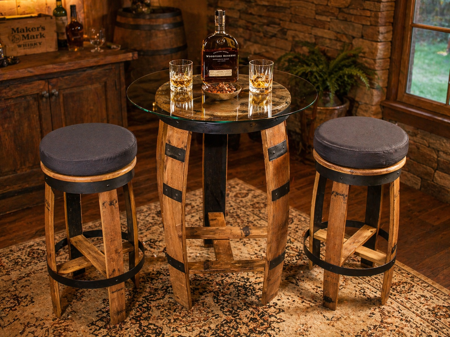 Whiskey barrel bar table for home bar or kitchen nook