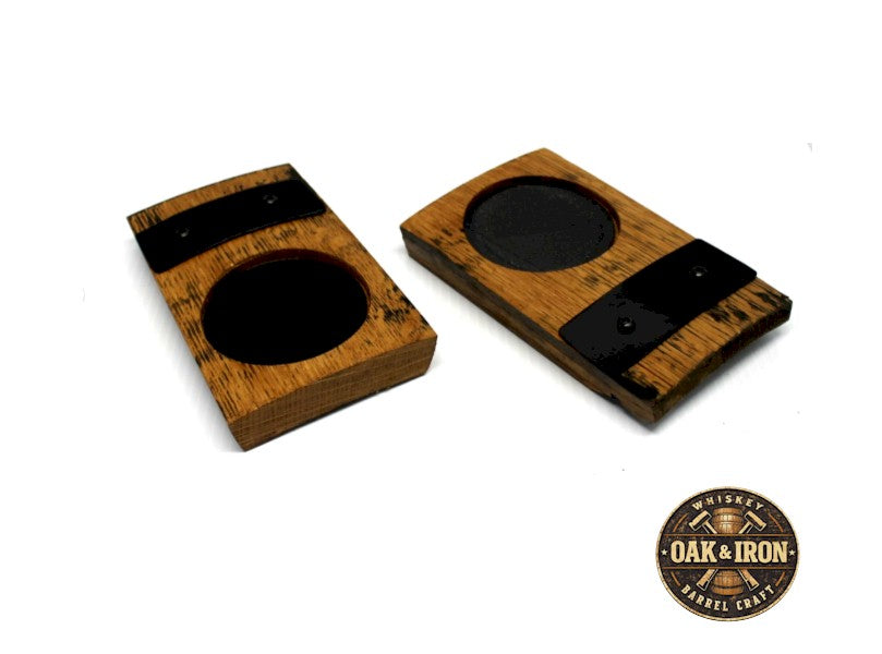 Deluxe Whiskey Barrel Coaster Set (2 Pack) – Oak Gifts for Him with Steel Band Accent