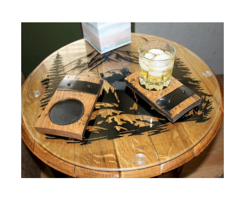 Deluxe Whiskey Barrel Coaster Set (2 Pack) – Oak Gifts for Him with Steel Band Accent