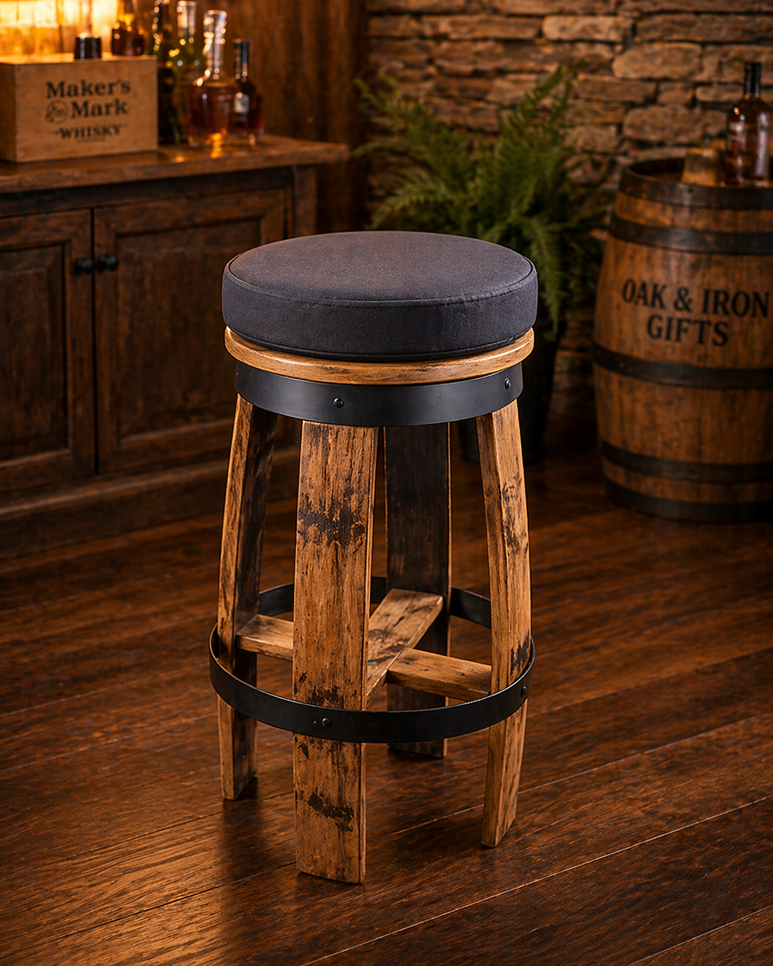 Whiskey Barrel Bar Stool with Cushion – Rustic Oak Stool for Man Cave, Home Bar or Gift for Him