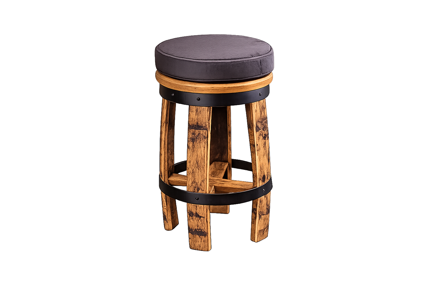 Whiskey Barrel Bar Stool with Cushion – Rustic Oak Stool for Man Cave, Home Bar or Gift for Him