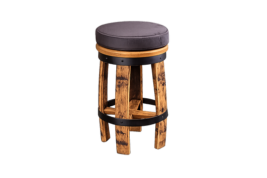 Whiskey Barrel Bar Stool with Cushion – Rustic Oak Stool for Man Cave, Home Bar or Gift for Him