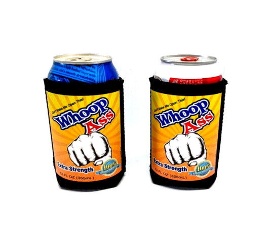 Whoop Ass Can Cooler Set – Funny Neoprene Beer Sleeve | “Don’t Make Me Open This”